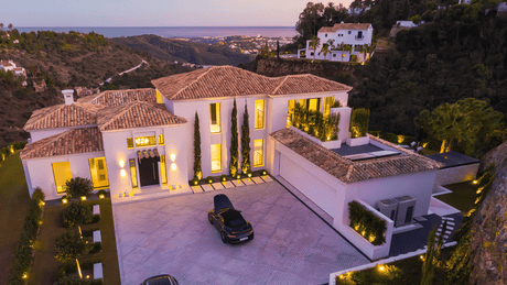 Luxury villa in El Madroñal Benahavis Marbella with stunning mountain and sea views at sunset