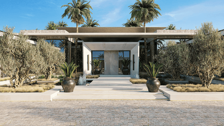 Front view of a luxurious villa surrounded by olive trees in La Zagaleta, showcasing exclusive real estate in Marbella