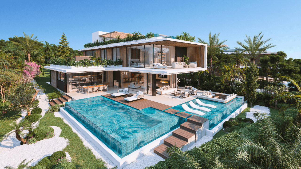 Stunning modern luxury villa with infinity pool and lush green garden, showcasing contemporary architecture and expansive terraces, ready for completion in 2025