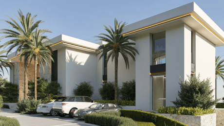 Modern luxury villa exterior with palm trees, designed by one of the top architects behind villas in La Zagaleta