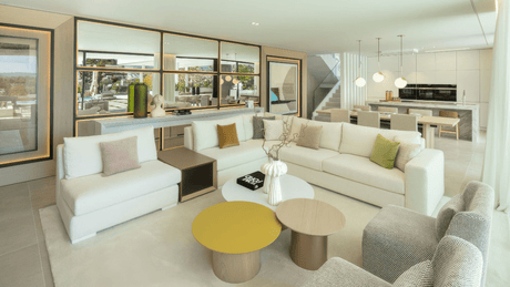 Luxury living room designed by Pedro Peña, showcasing modern interior design in Marbella villas for sale