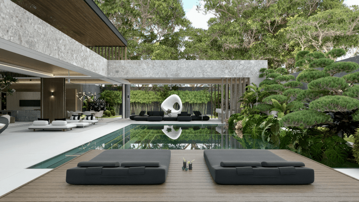 Luxury modern villa with minimalist design, large pool, and lush green surroundings in La Zagaleta, showcasing sophisticated outdoor living spaces