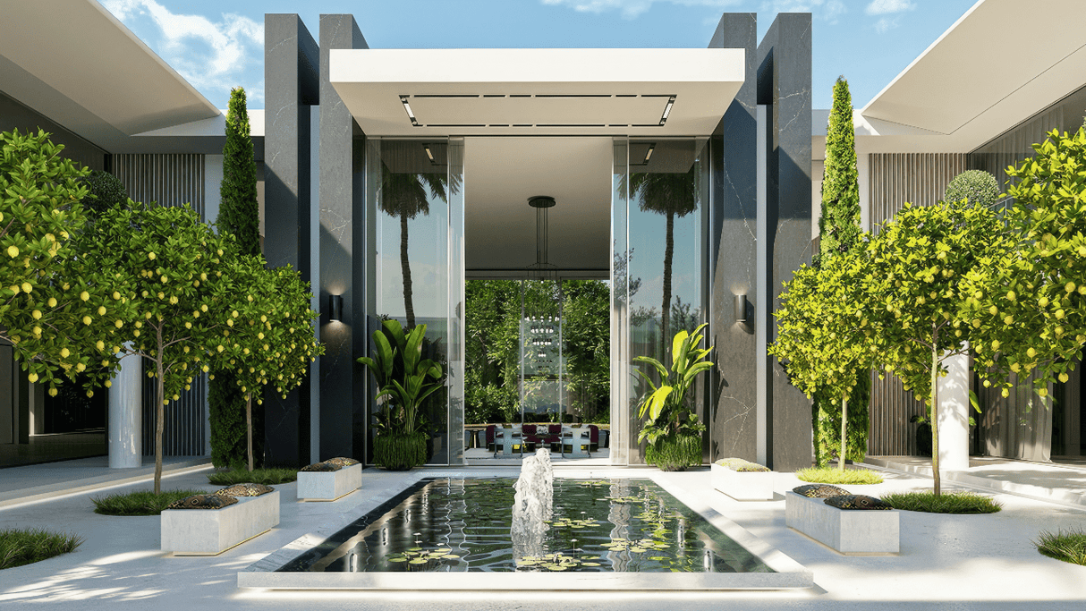 Modern luxury villa with lush greenery, water feature, and grand entrance in La Zagaleta