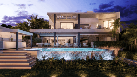 New development villa for sale in Golden Mile Marbella with luxury design and illuminated pool