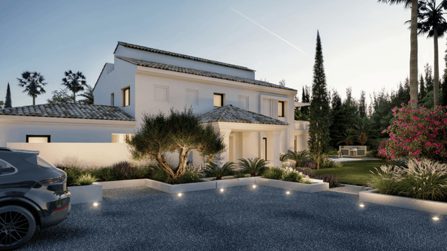 Elegant villa for sale in Marbella Nueva Andalucia featuring traditional architecture, spacious driveway, lush gardens, and a private outdoor area