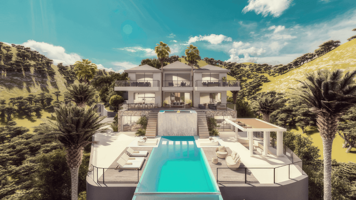 Luxury villa for sale in Monte Mayor with infinity pool, modern terraces, and panoramic mountain views