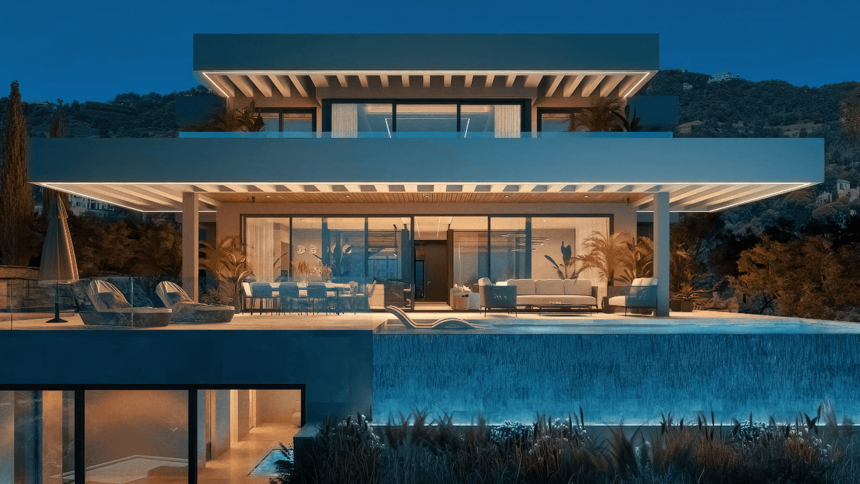 Top villa for sale in El Madroñal with modern architecture and infinity pool at night