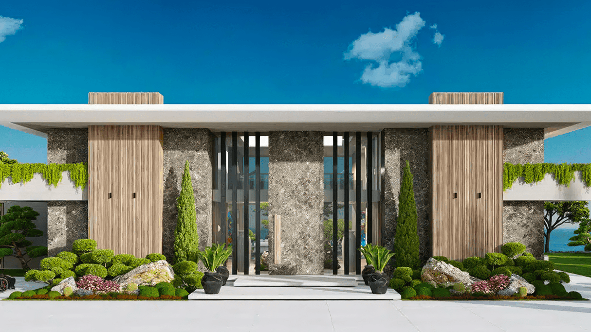 Modern luxury villa facade with natural stone and wooden finishes in La Zagaleta, Marbella, featuring lush landscaping and contemporary design