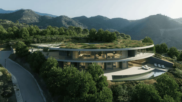 Modern luxury villa for sale in Monte Mayor Benahavis, featuring a green rooftop, panoramic mountain views, and an infinity pool