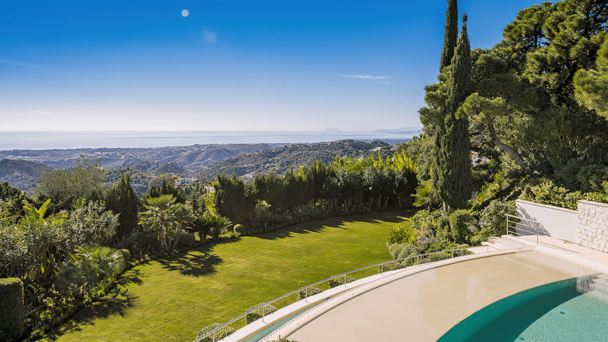 Panoramic sea views from a luxury villa in La Zagaleta, surrounded by lush greenery and serene landscapes